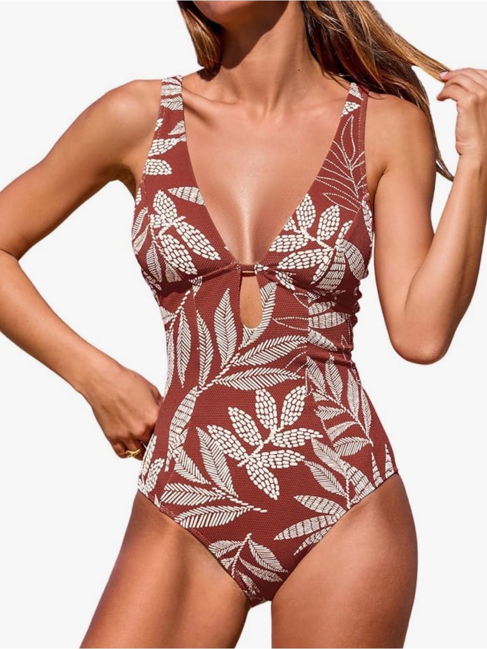 NWT Cupshe Deep V Neck Keyhole Cutout O Ring Textured One Piece Swimsuit